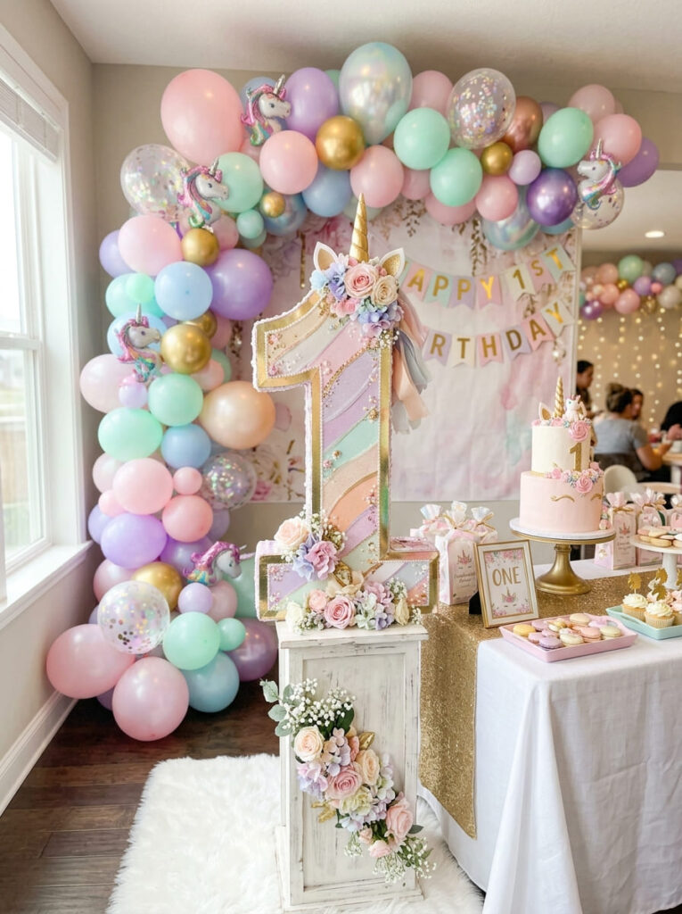 Unicorn first birthday number one display with pastel magical accents