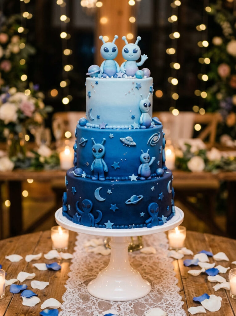 Ombré gradient blue alien cake with navy to baby blue fade