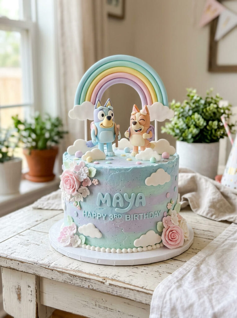 Pastel Bluey cake with soft color palette and gentle aesthetic