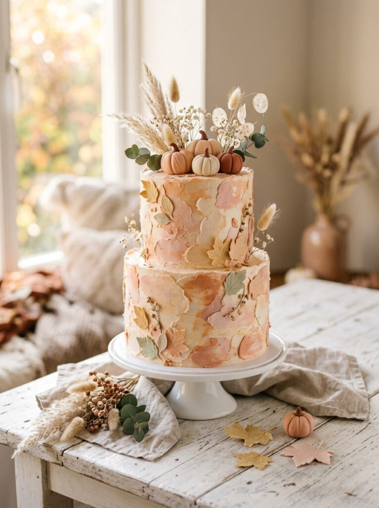 Pastel autumn cake with soft fall color palette and elegant aesthetic