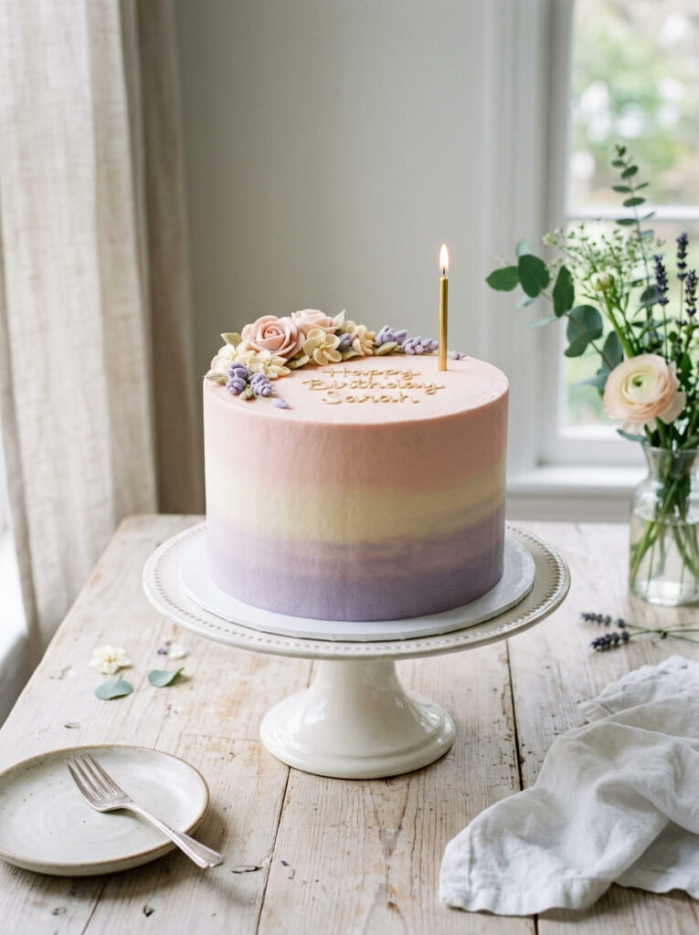 Pastel ombré birthday cake with dreamy gradient colors