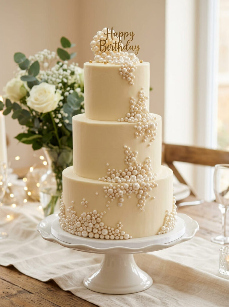 Pearl cluster birthday cake with delicate elegant details