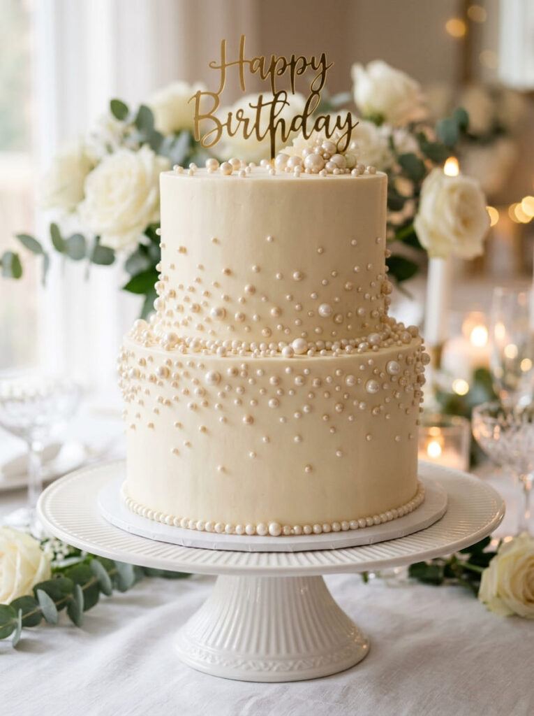 Pearl detail birthday cake with elegant edible pearls