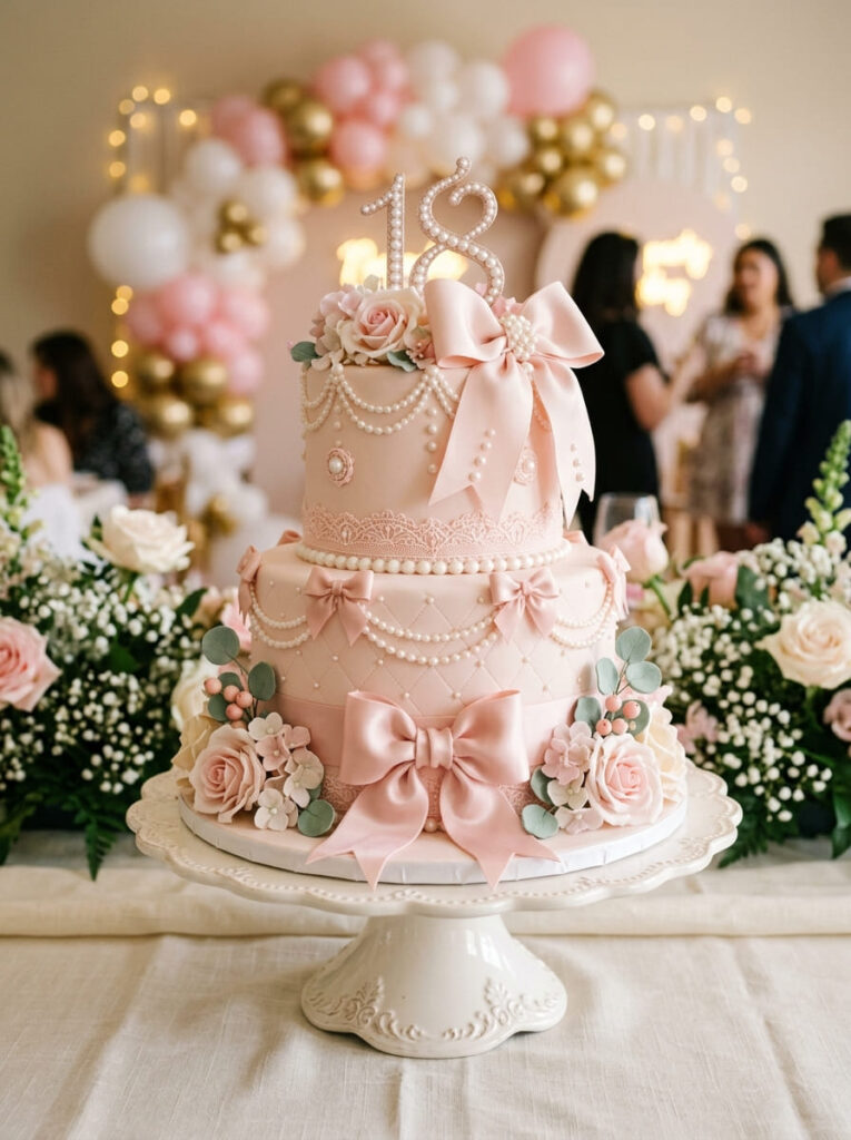 Pink coquette 18th birthday cake with bows and pearls