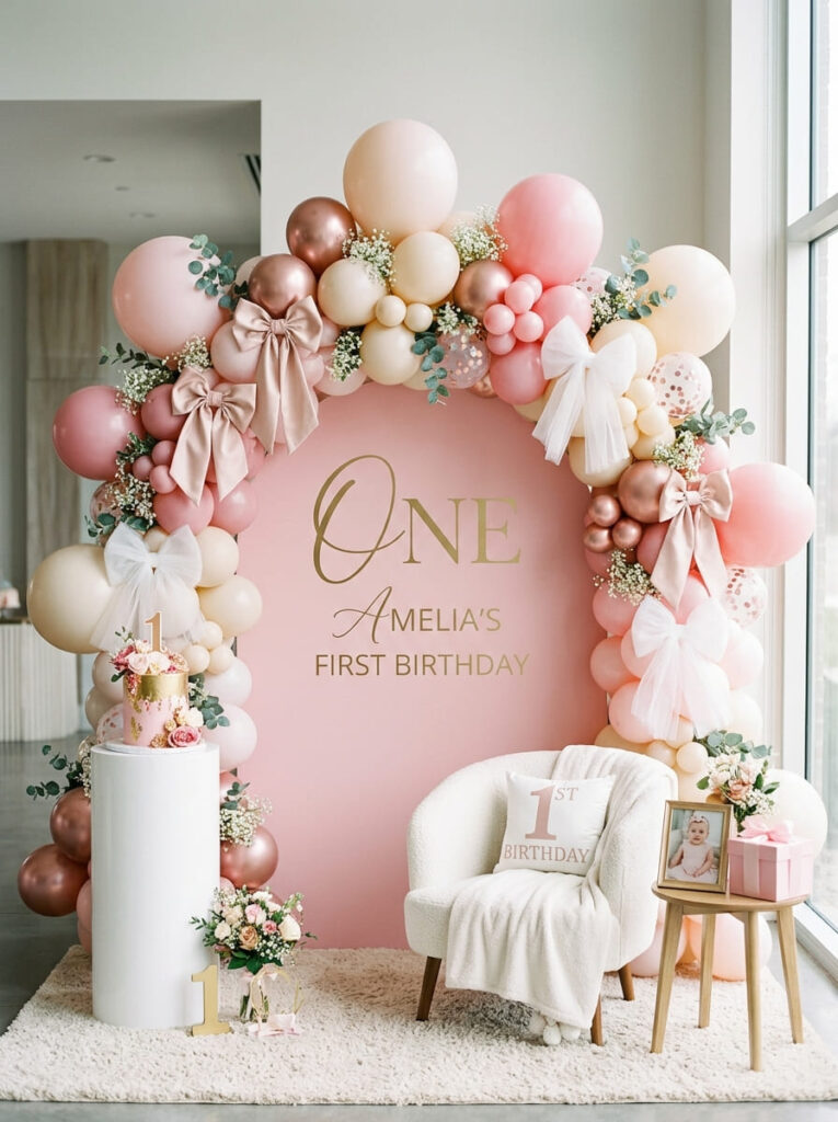 Pink first birthday backdrop with bows and elegant party styling
