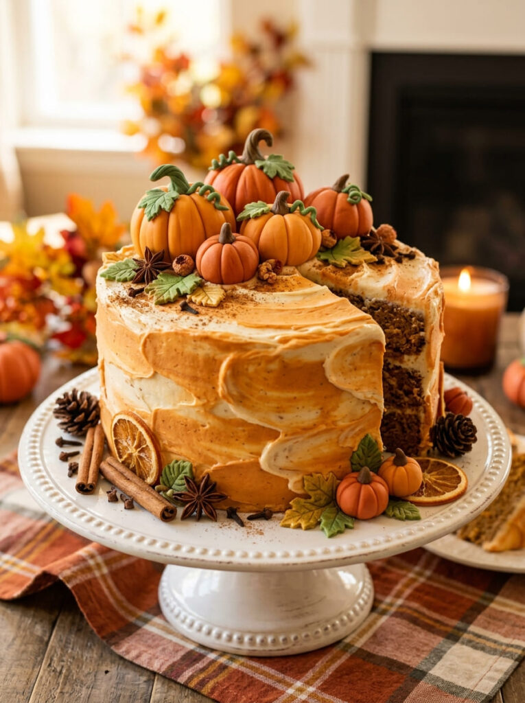 Classic pumpkin spice autumn birthday cake with warm fall colors