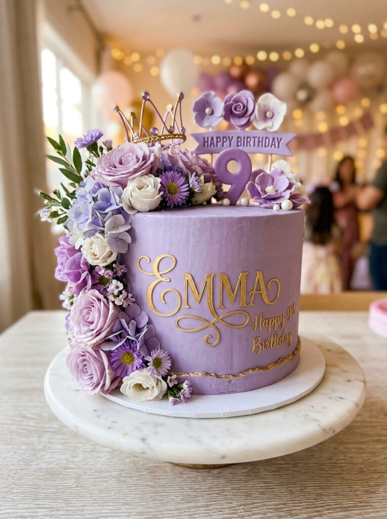 Custom name purple birthday cake with gold lettering