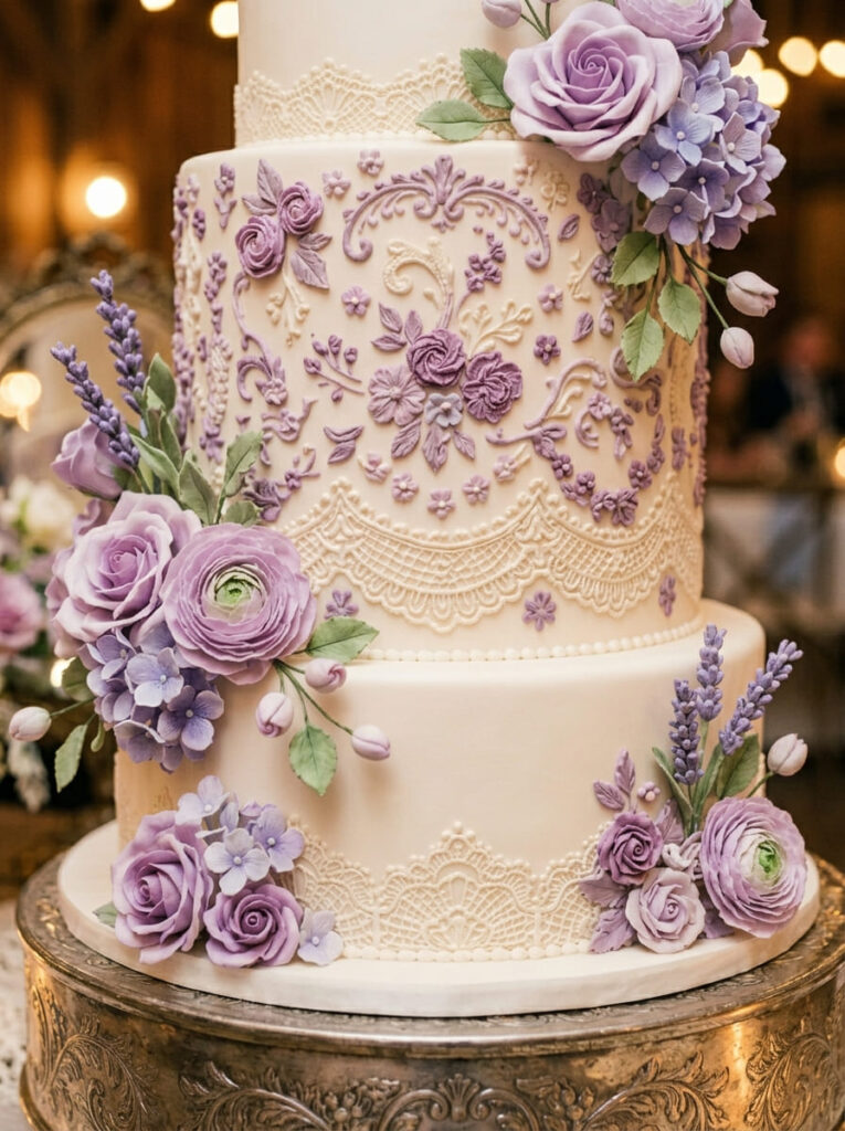 Vintage purple cake with intricate floral piping and elegant details