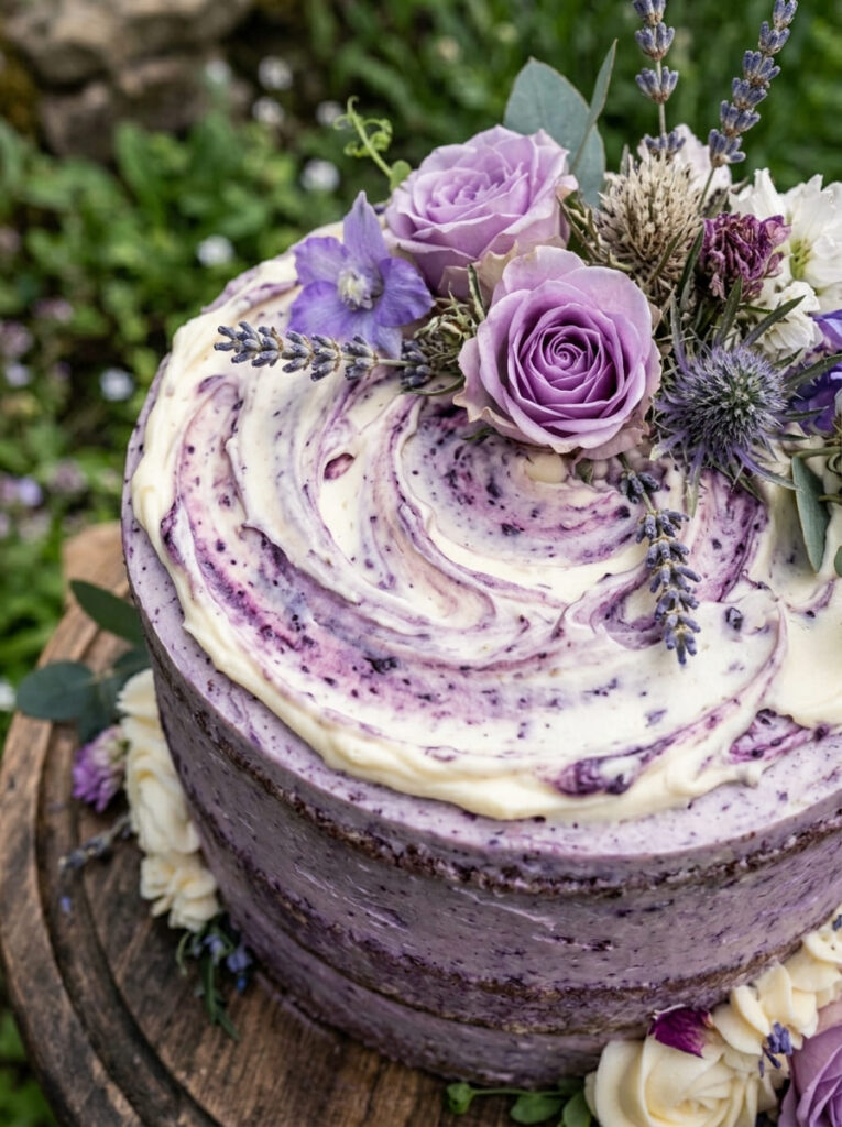 Semi-naked natural purple cake with vanilla swirls and flowers