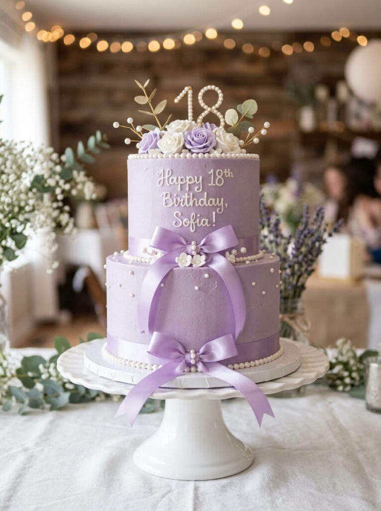 Purple coquette birthday cake with bow details and pearls