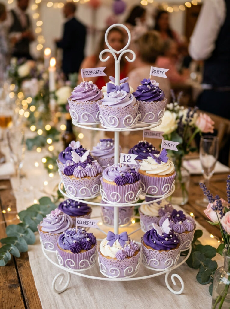 Purple cupcake tower with lavender frosting and elegant toppers