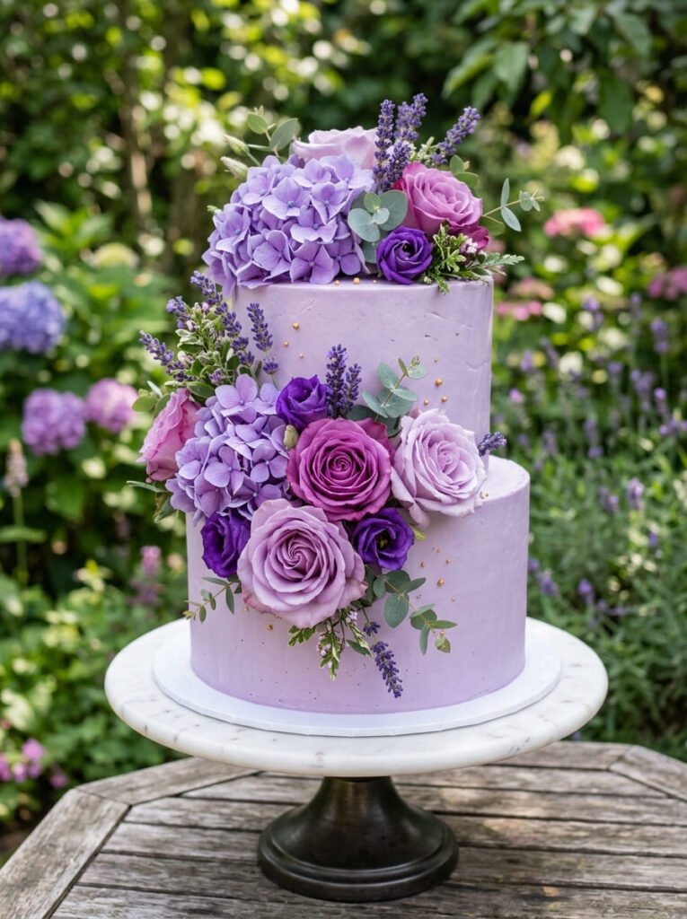 Purple floral birthday cake with edible blooms and natural flowers