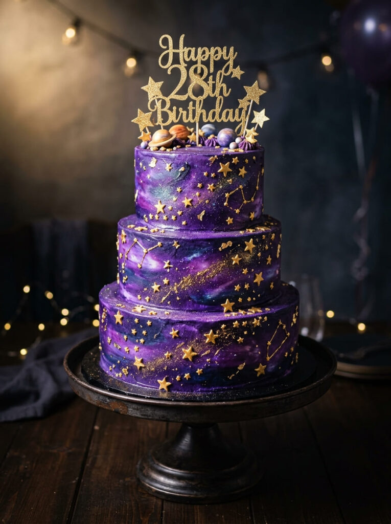 Purple galaxy birthday cake with cosmic accents and metallic stars