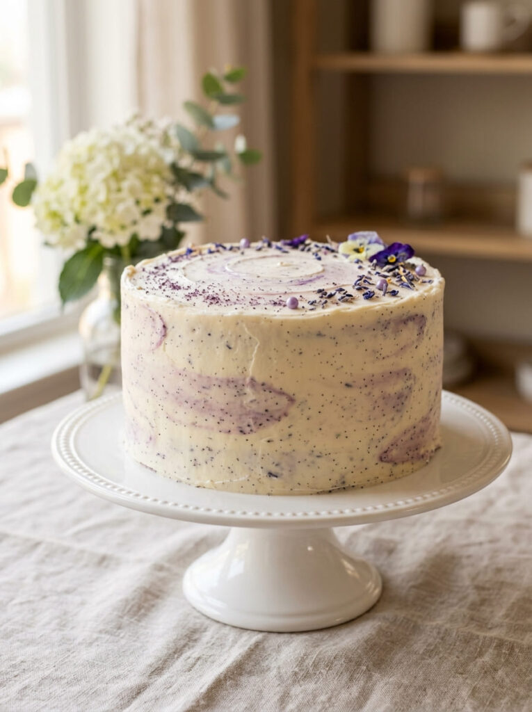 Purple vanilla bean cake with subtle elegance and vanilla flecks