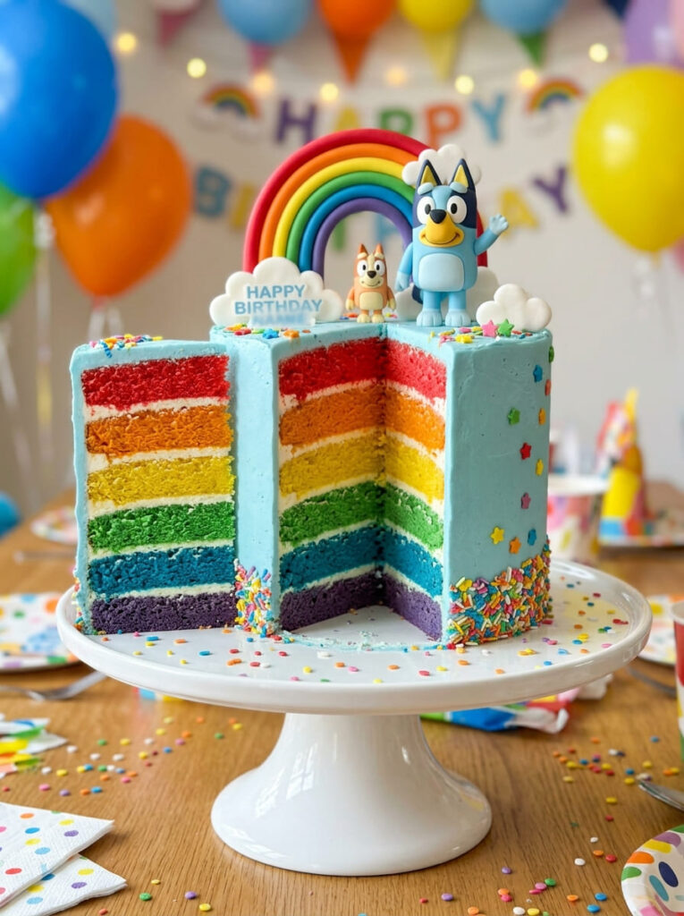 Rainbow Bluey cake with colorful layers and playful accents