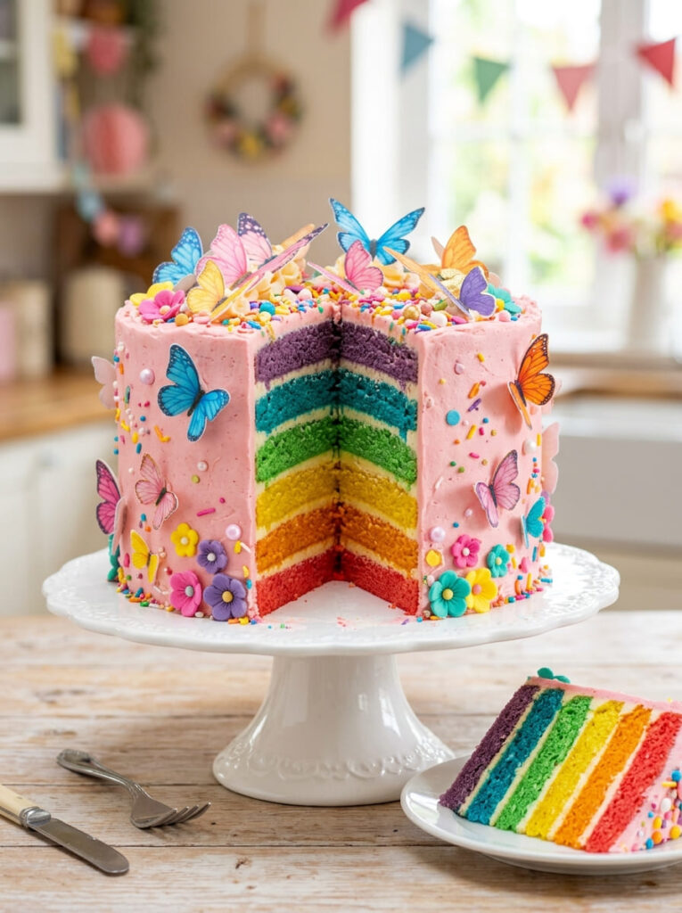 Vibrant rainbow butterfly cake with colorful layers and multicolored butterflies
