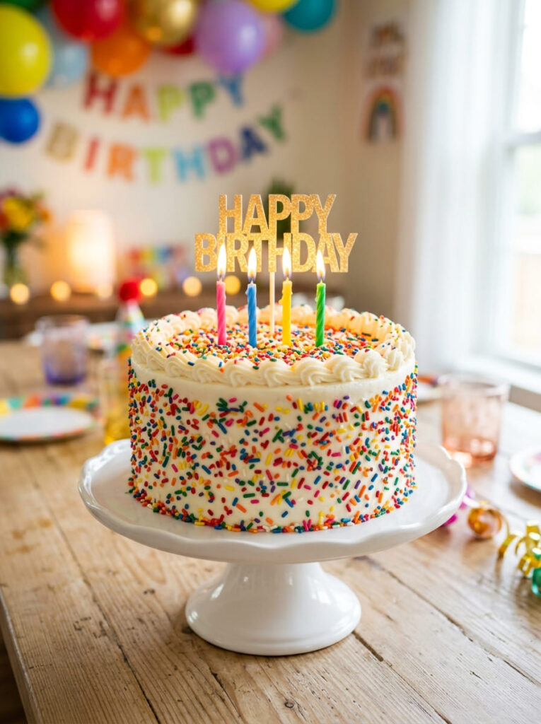 Rainbow sprinkle birthday cake with fun colorful topping