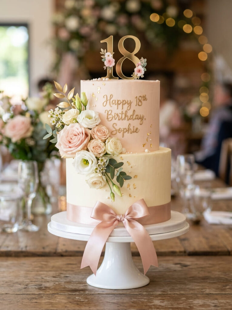 Ribbon wrapped 18th birthday cake with gift-like presentation