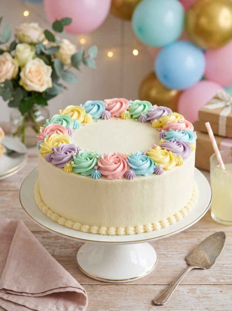 Rosette border birthday cake with soft buttercream swirls