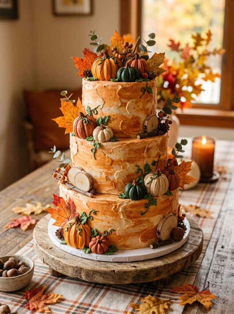 Rustic fall cake with buttercream pumpkins and natural textures