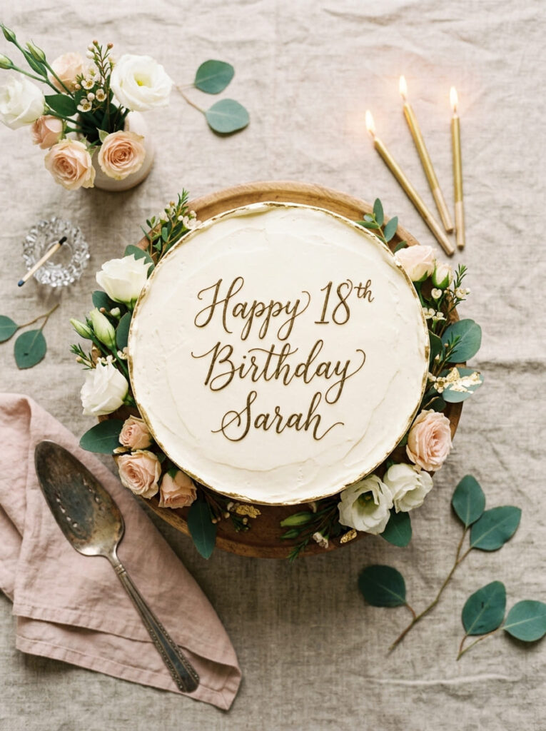 Script message 18th birthday cake with simple elegant design