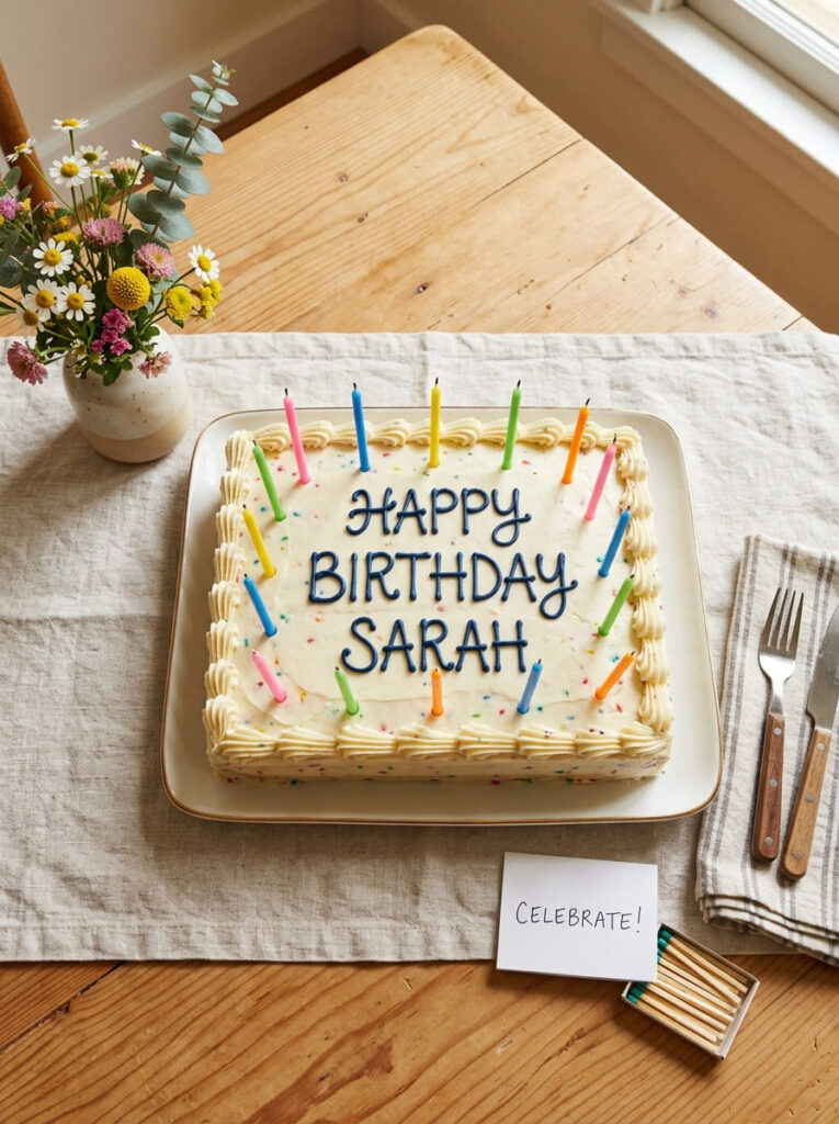 Sheet birthday cake with candles and simple elegant styling