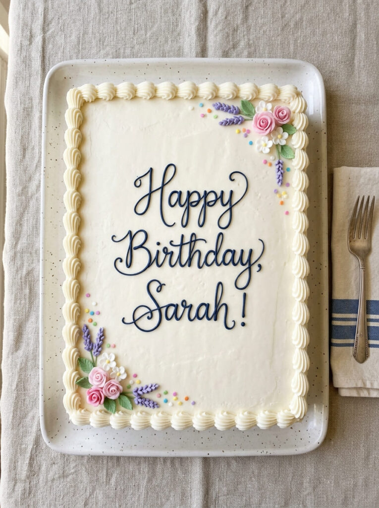 Sheet birthday cake with handwritten script message