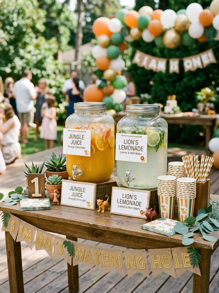 Simba first birthday drink station with earthy safari styling