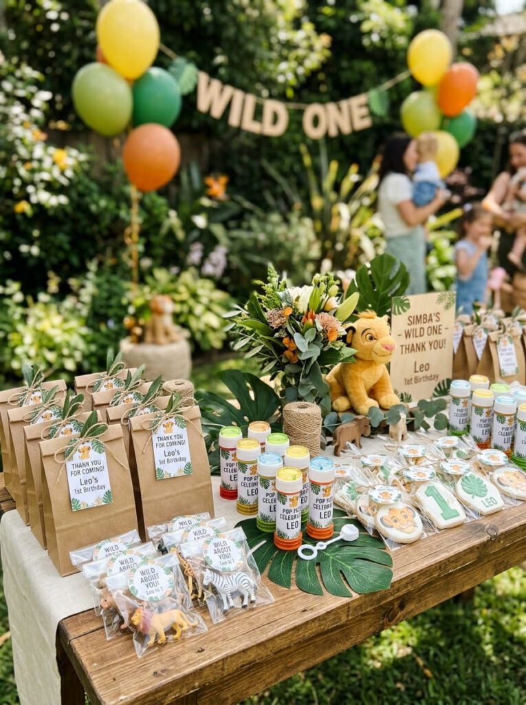 Simba first birthday favor display with safari themed treats and toys