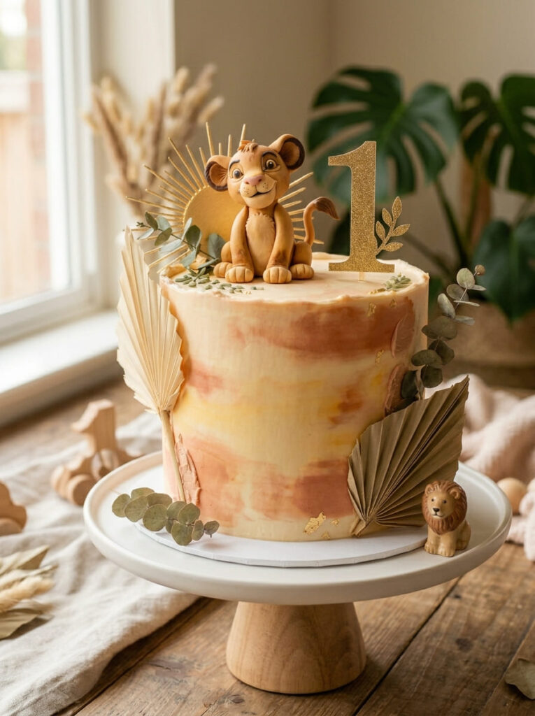 Simba first birthday cake with warm tones and lion inspired accents