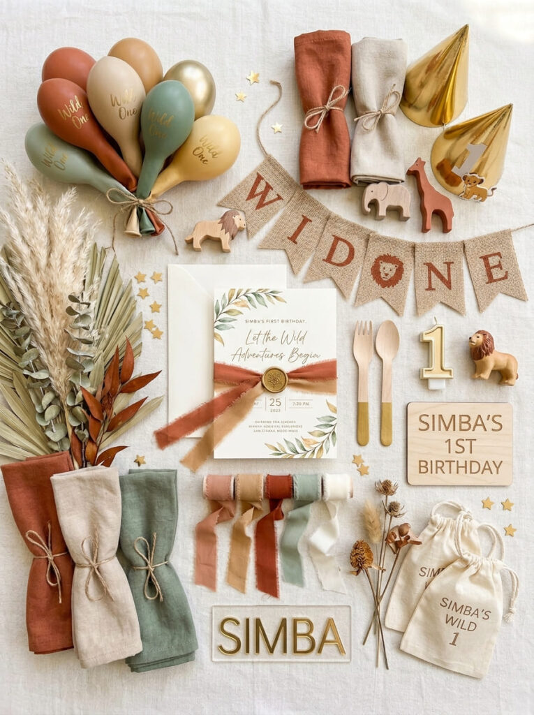 Simba first birthday color palette with warm earthy safari party tones