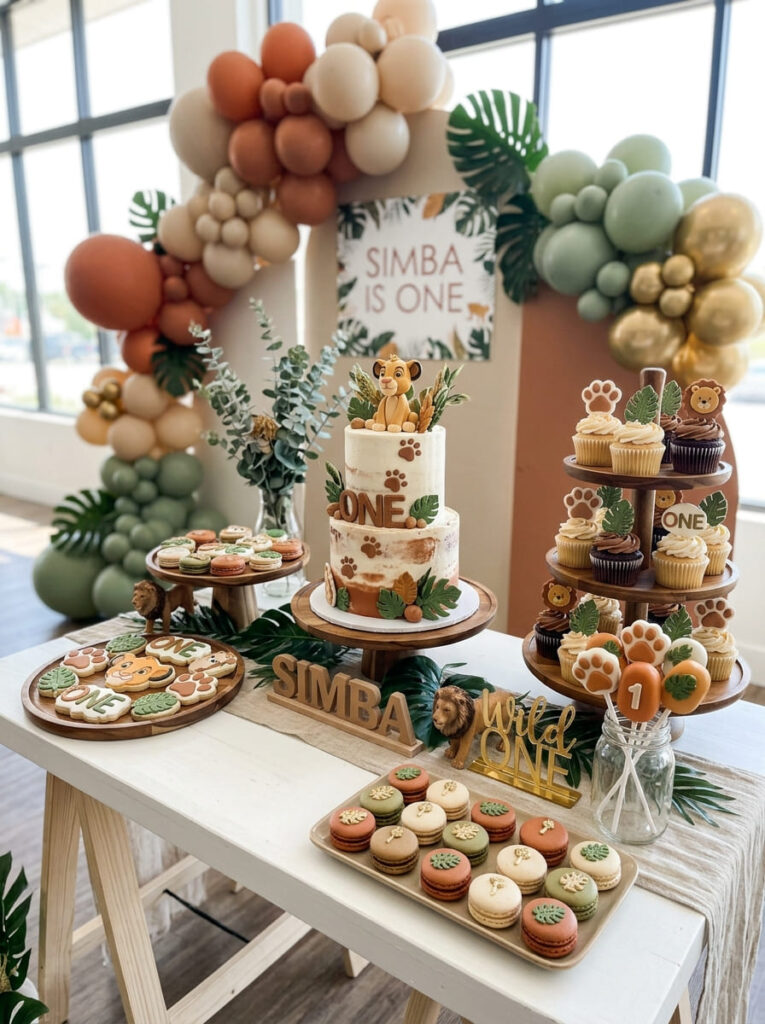 Simba first birthday themed desserts with earthy safari styling