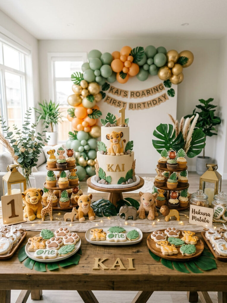 Simba first birthday dessert table with earthy safari details