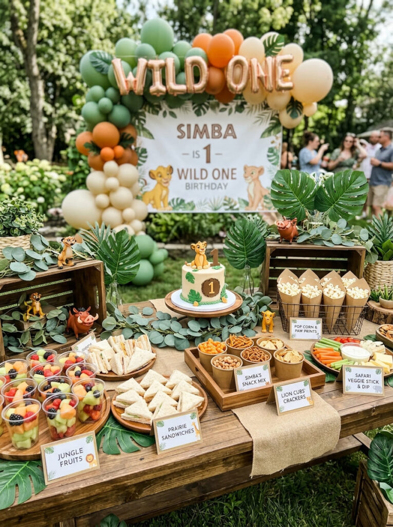 Simba first birthday food table with safari themed snacks and labels