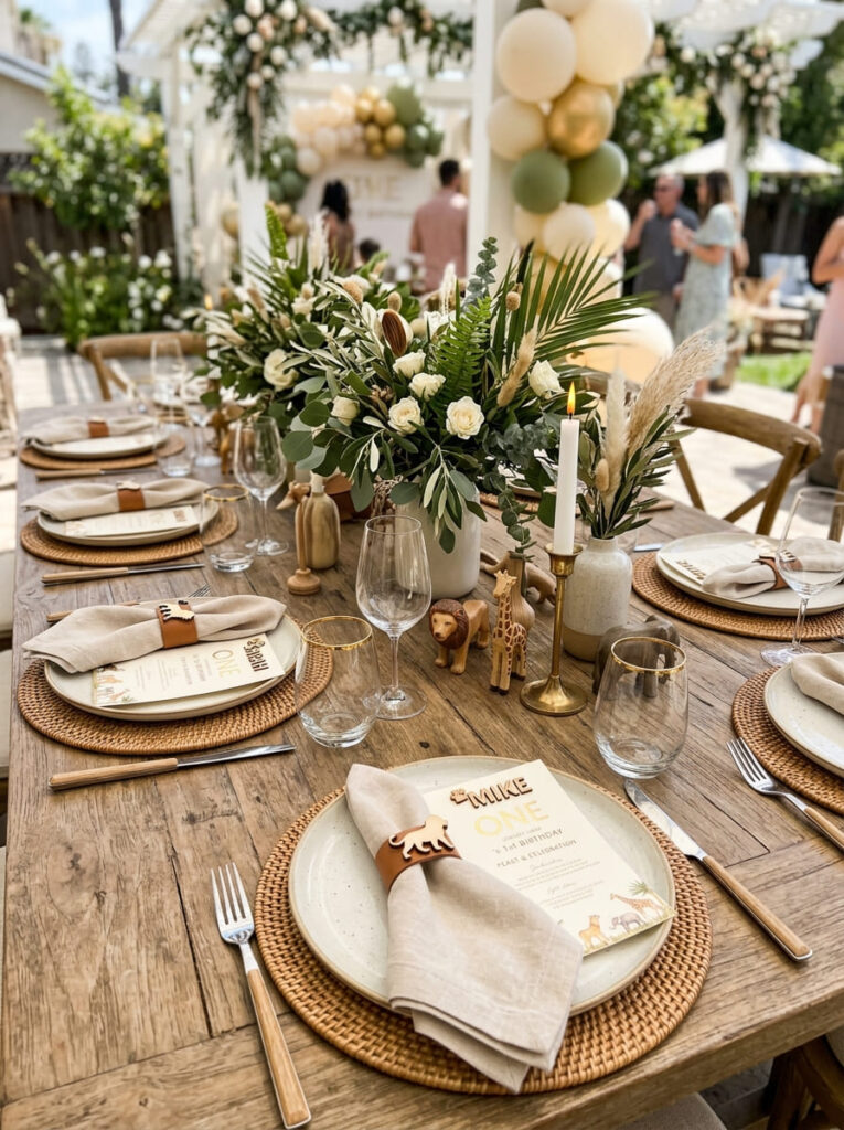 Simba first birthday guest table with natural textures and safari decor