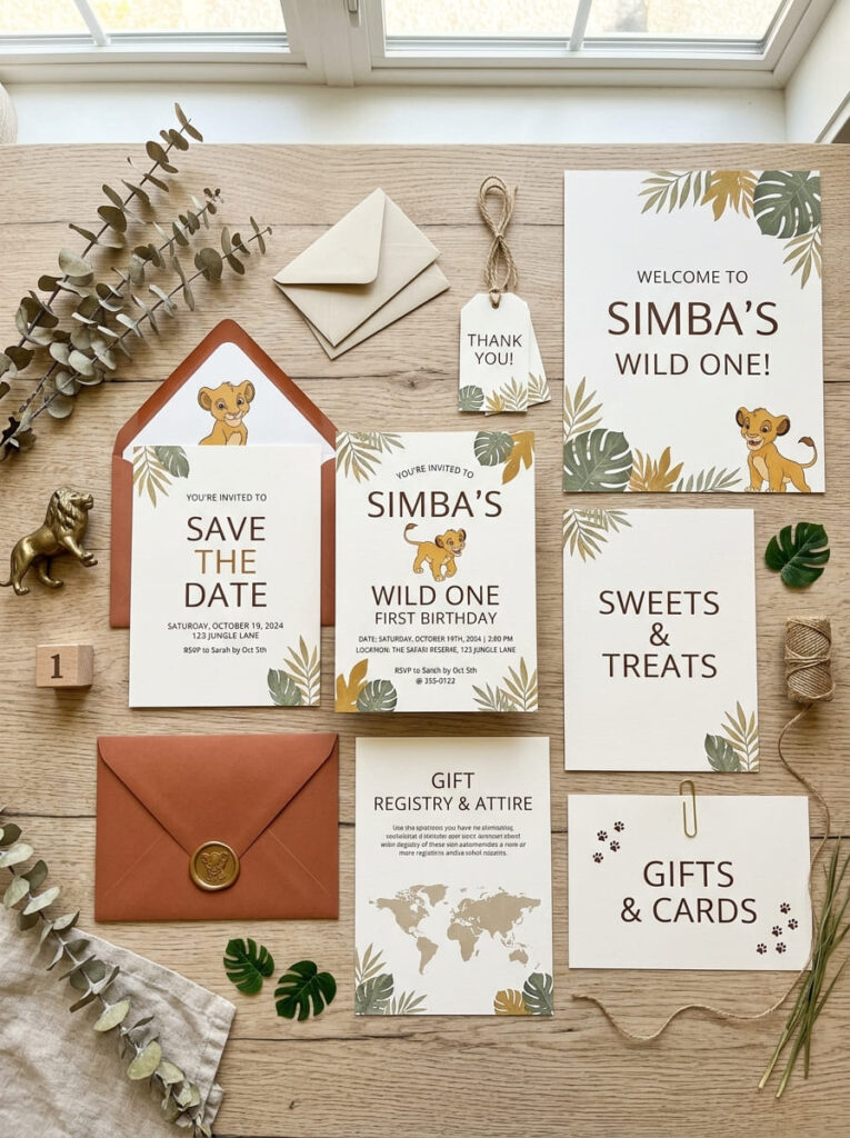 Simba first birthday invitations and signs with warm safari styling