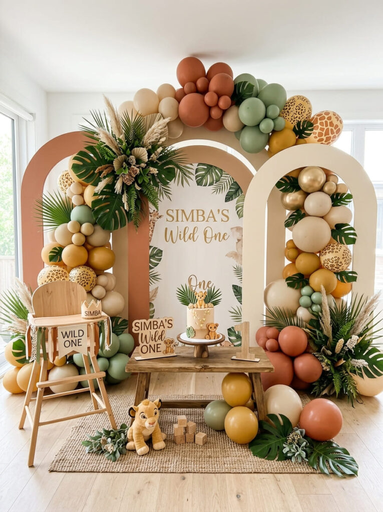 Simba first birthday backdrop with modern jungle and safari styling