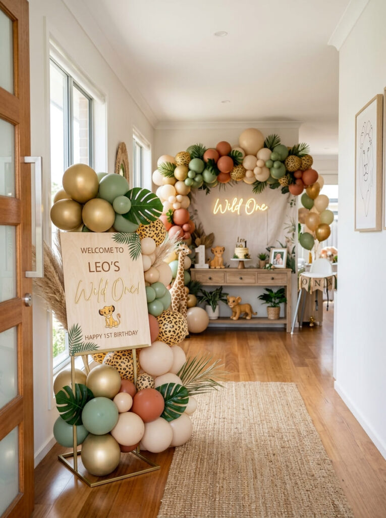 Simba first birthday entrance with welcome sign and safari balloons