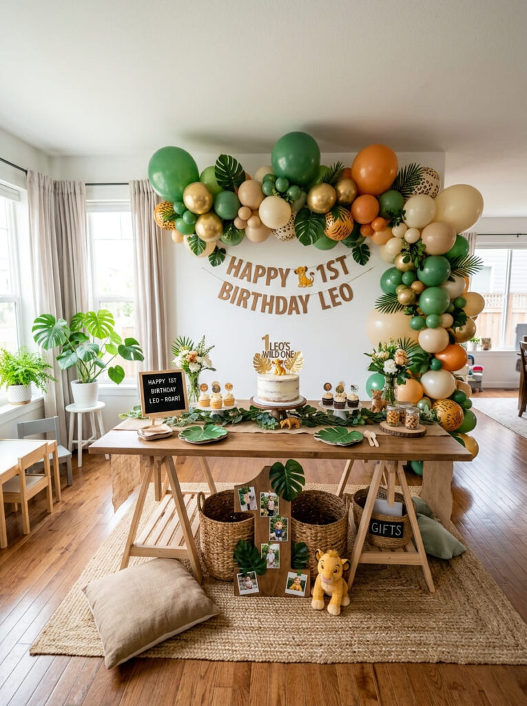 Budget friendly Simba first birthday setup with stylish safari decor