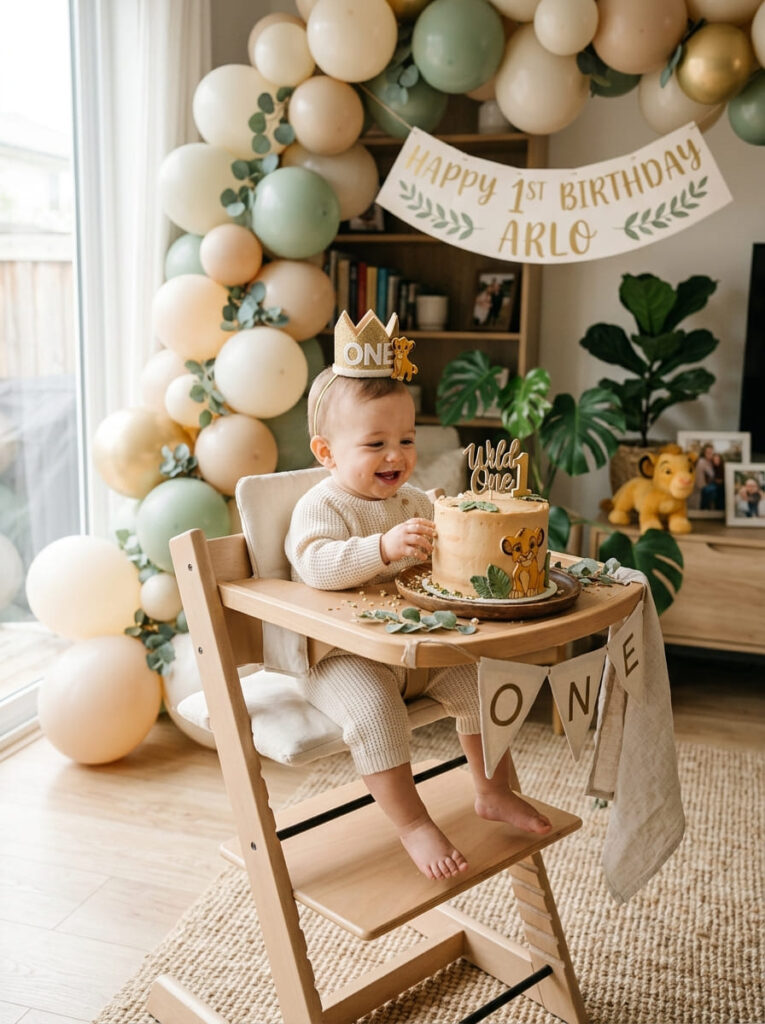 Simba first birthday smash cake setup with neutral safari decor