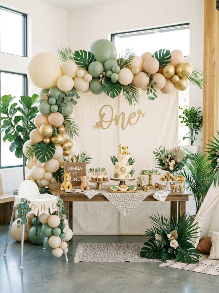 Simba first birthday decor with subtle safari accents styled neatly