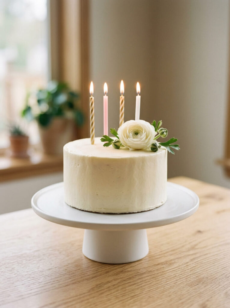 Small round birthday cake with simple elegant styling