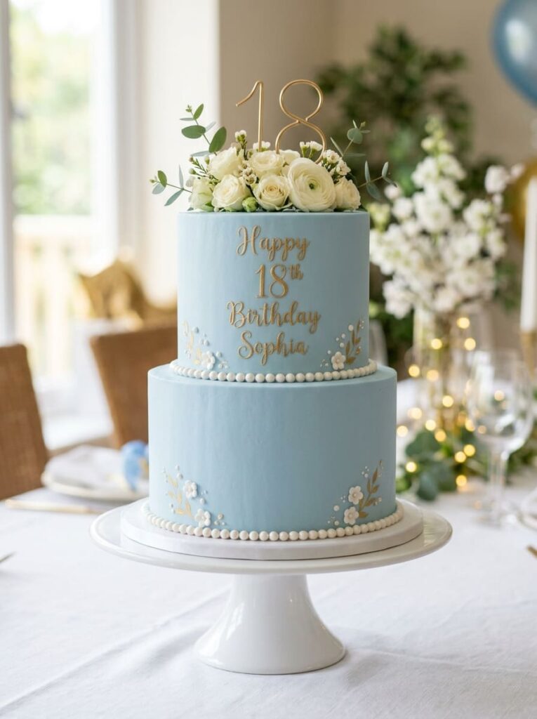 Soft blue 18th birthday cake with calm elegant styling