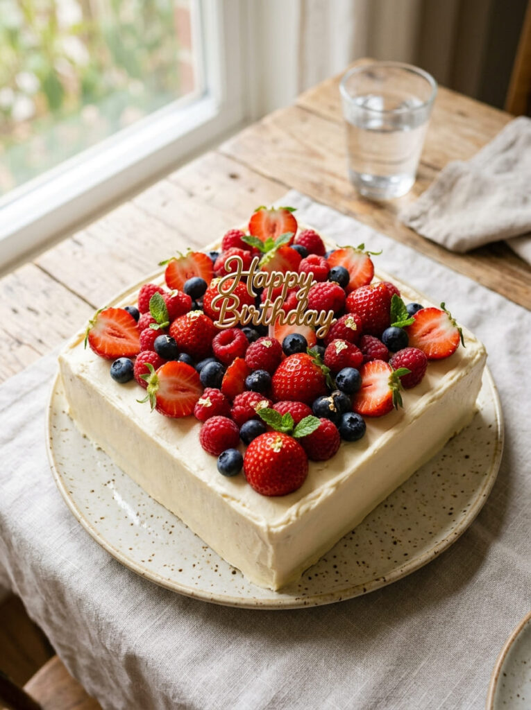 Square berry birthday cake with fresh colorful fruit