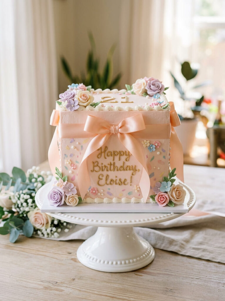Square bow birthday cake with soft feminine styling