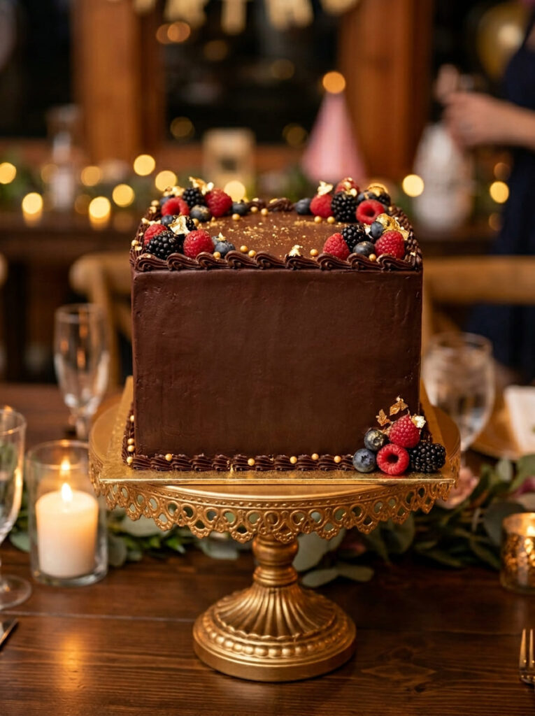 Square chocolate birthday cake with luxurious elegant finish