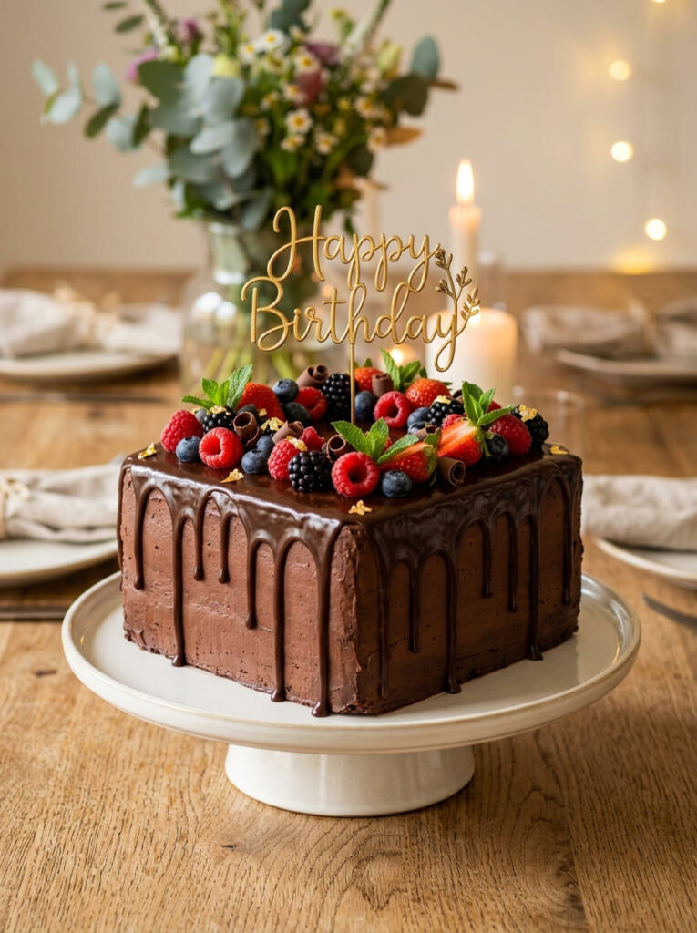 Square chocolate drip birthday cake with rich glossy finish