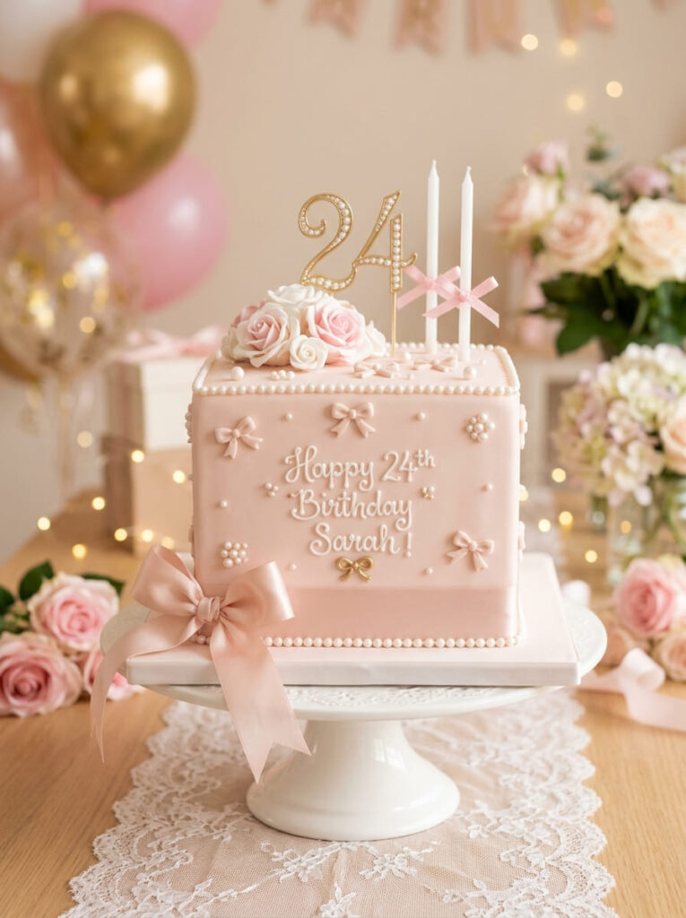 Square coquette birthday cake with bows and pearls