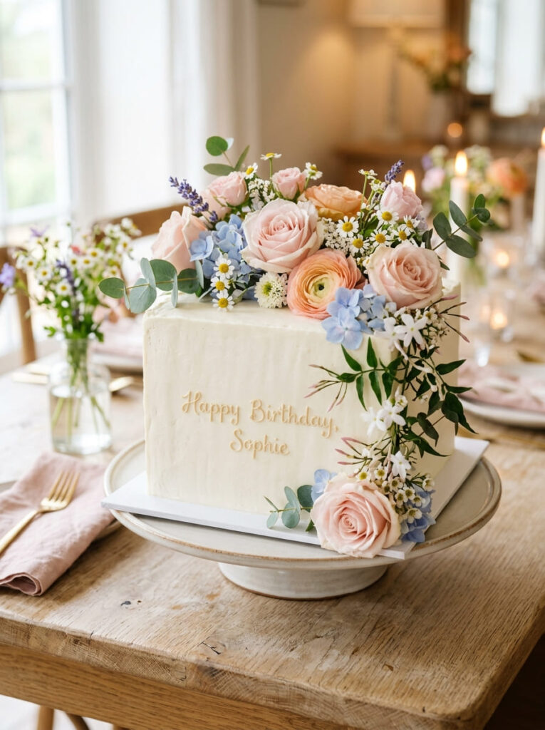Square floral birthday cake with elegant fresh blooms
