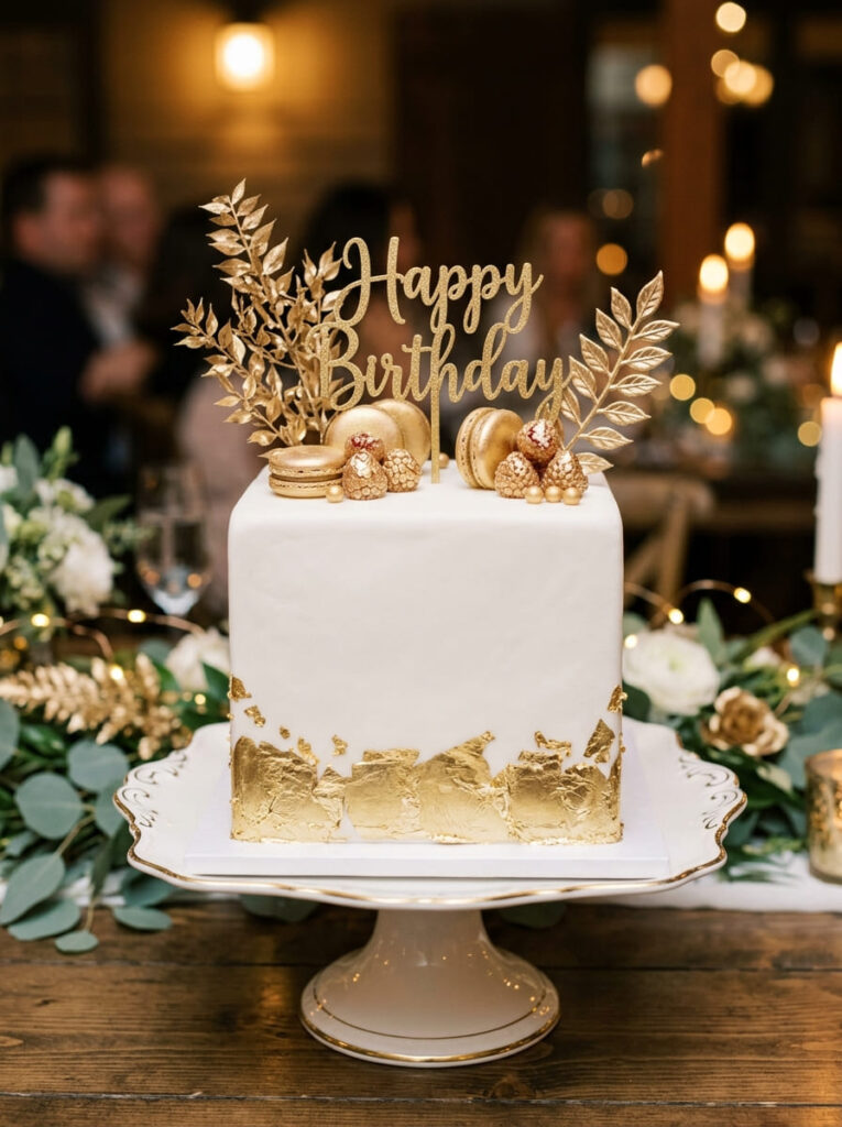 Square gold accent birthday cake with glamorous elegant details
